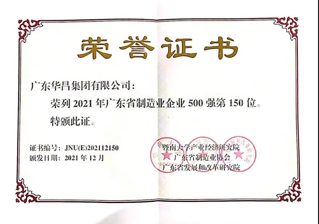 排名跃升68位！华昌集团荣列广东省制造业企业500强第150位！
